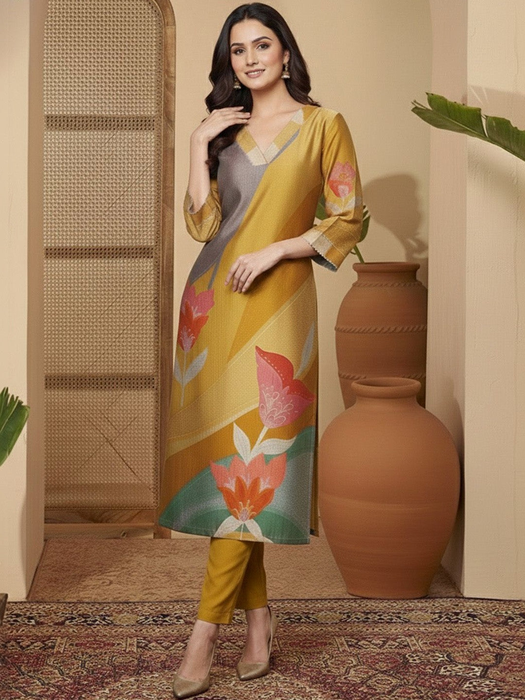 Printed V-Neck Kurta & Trousers