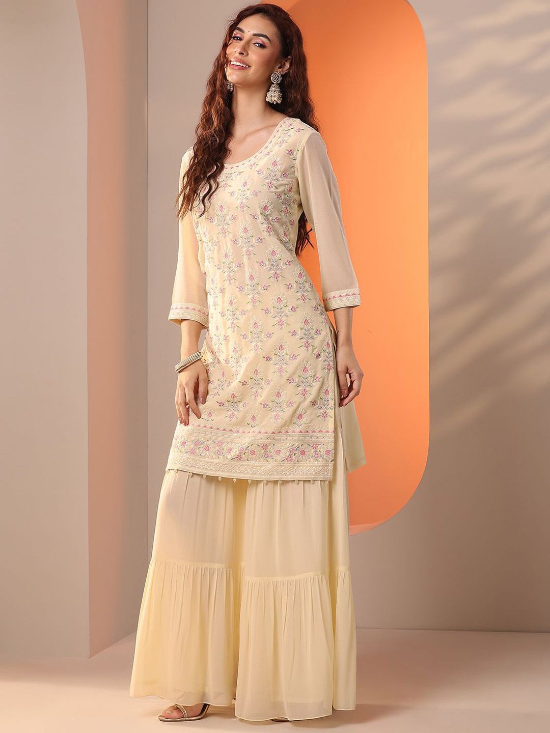 Dhiyona LL Women Floral Embroidered Kurta with Sharara & Dupatta
