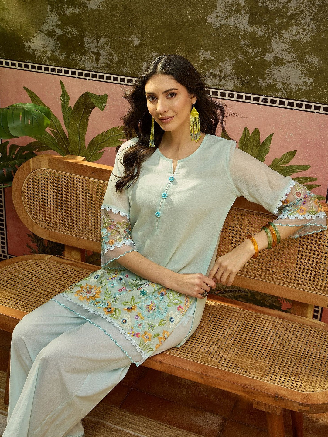Embroidered Pure Cotton Round Neck Kurti & Trousers