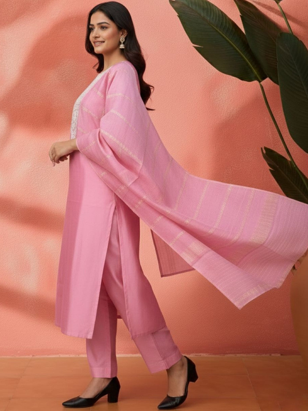 Embroidered Mandarin Collar Kurta & Trousers with Dupatta