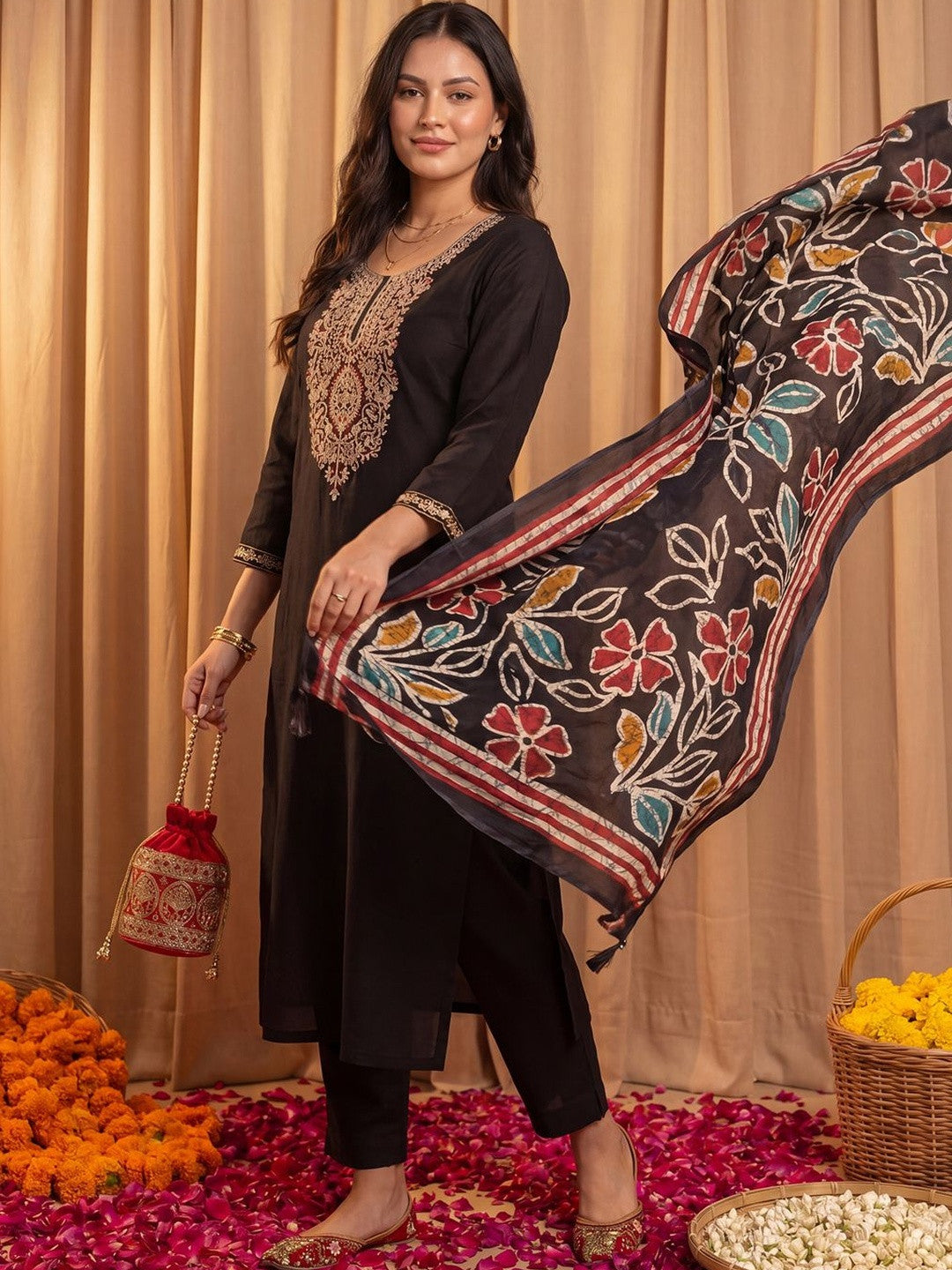 Women Ethnic Motifs Embroidered Regular Thread Work Kurta with Trousers & With Dupatta