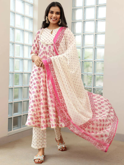 Women's LB Pink Printed Cotton Anarkali Suit With Dupatta