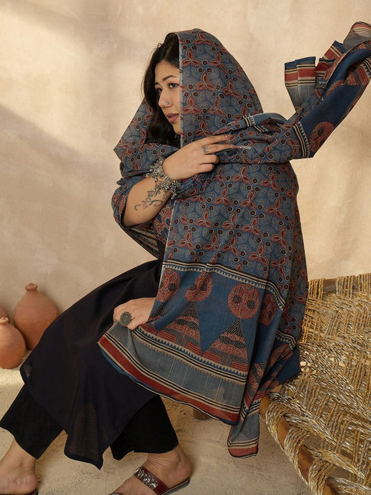 Dhiyona Women's Ethnic Motifs Printed Regular Pure Cotton Kurta with Trousers & With Dupatta
