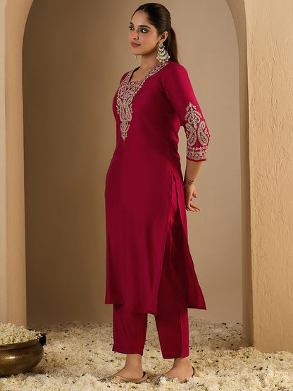 Dhiyona IE Women's Women Ethnic Motifs Embroidered Regular Liva Straight Kurta with Trousers