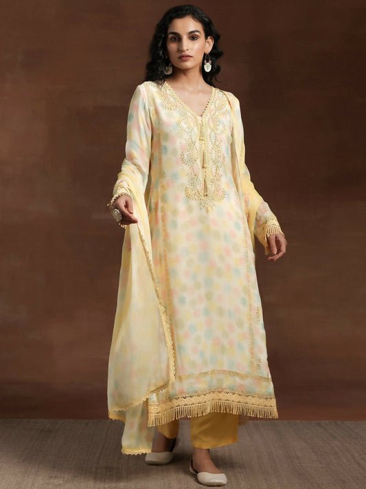 Women's LB Yellow Embroidered Organza Straight Suit With Dupatta