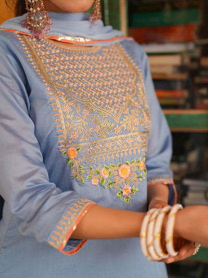 Dhiyona SC Women Blue Chanderi Silk Zari Embroidered Sharara Set