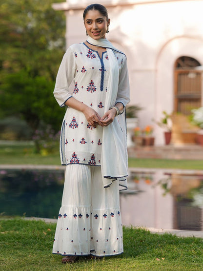 Dhiyona SC Women Embroidered Thread Work Pure Cotton Kurti with Sharara & With Dupatta
