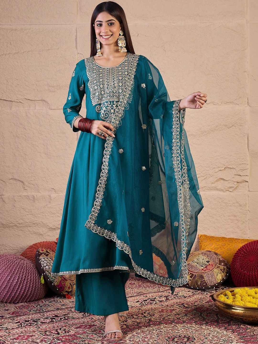 Dhiyona IN Women Ethnic Motifs Embroidered Panelled Thread Work Kurta with Palazzos & With Dupatta
