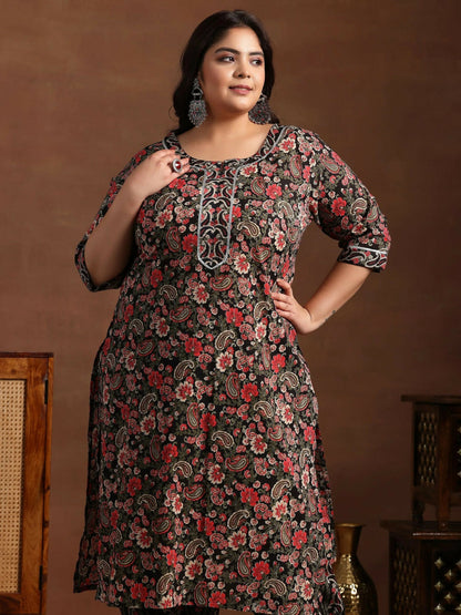 Women's LB Plus Size Black Printed Cotton Straight Suit With Dupatta