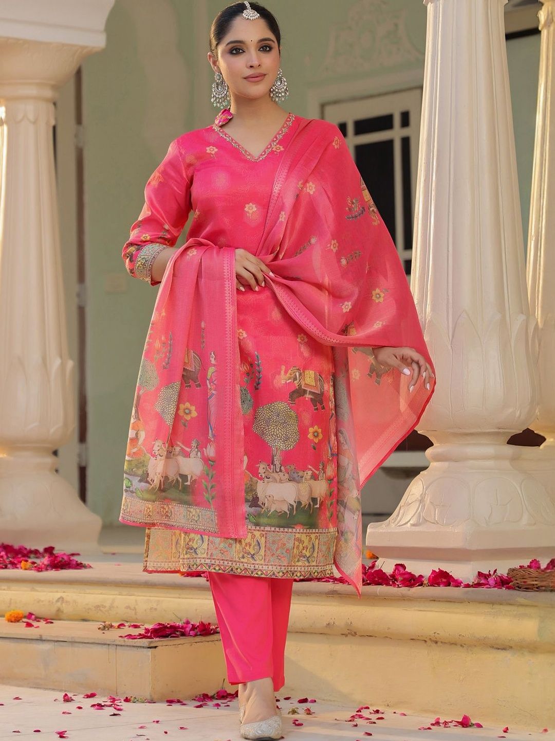Dhiyona RR Women's Printed Regular Chanderi Cotton Kurta with Trousers & Dupatta