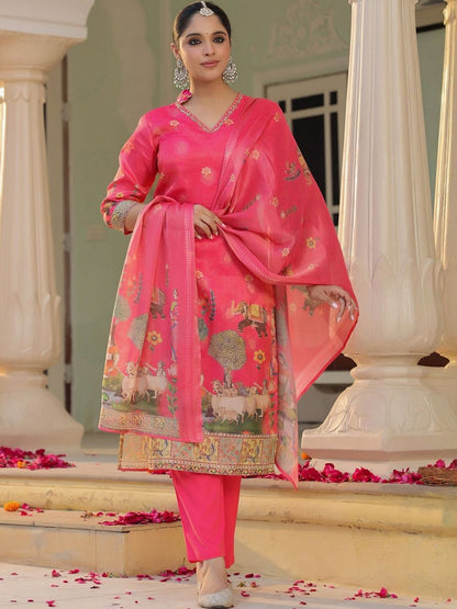 Dhiyona RR Women's Printed Regular Chanderi Cotton Kurta with Trousers & Dupatta