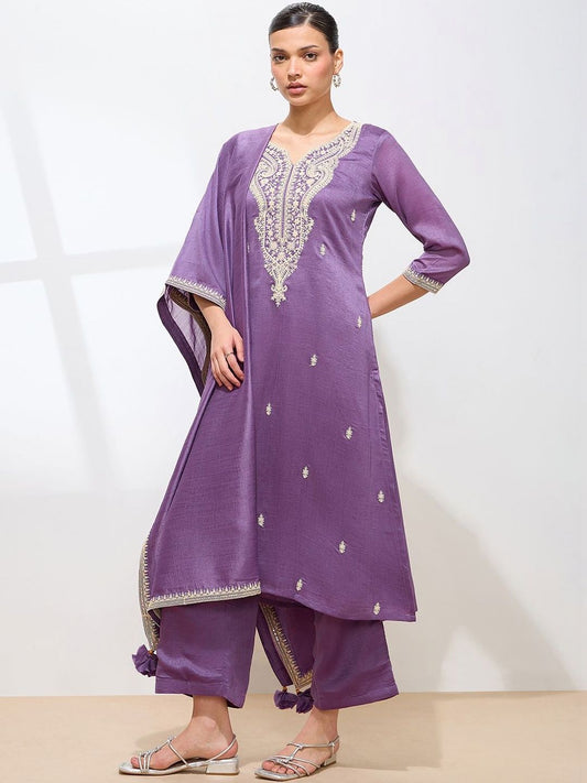 Dhiyona KL Women Ethnic Motifs Embroidered Regular Thread Work Kurta with Palazzos & With Dupatta