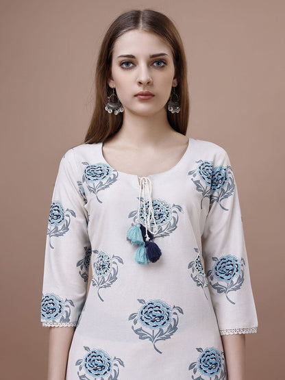 Dhiyona OD  Floral Printed Tie-Up Neck Cotton Straight Kurta