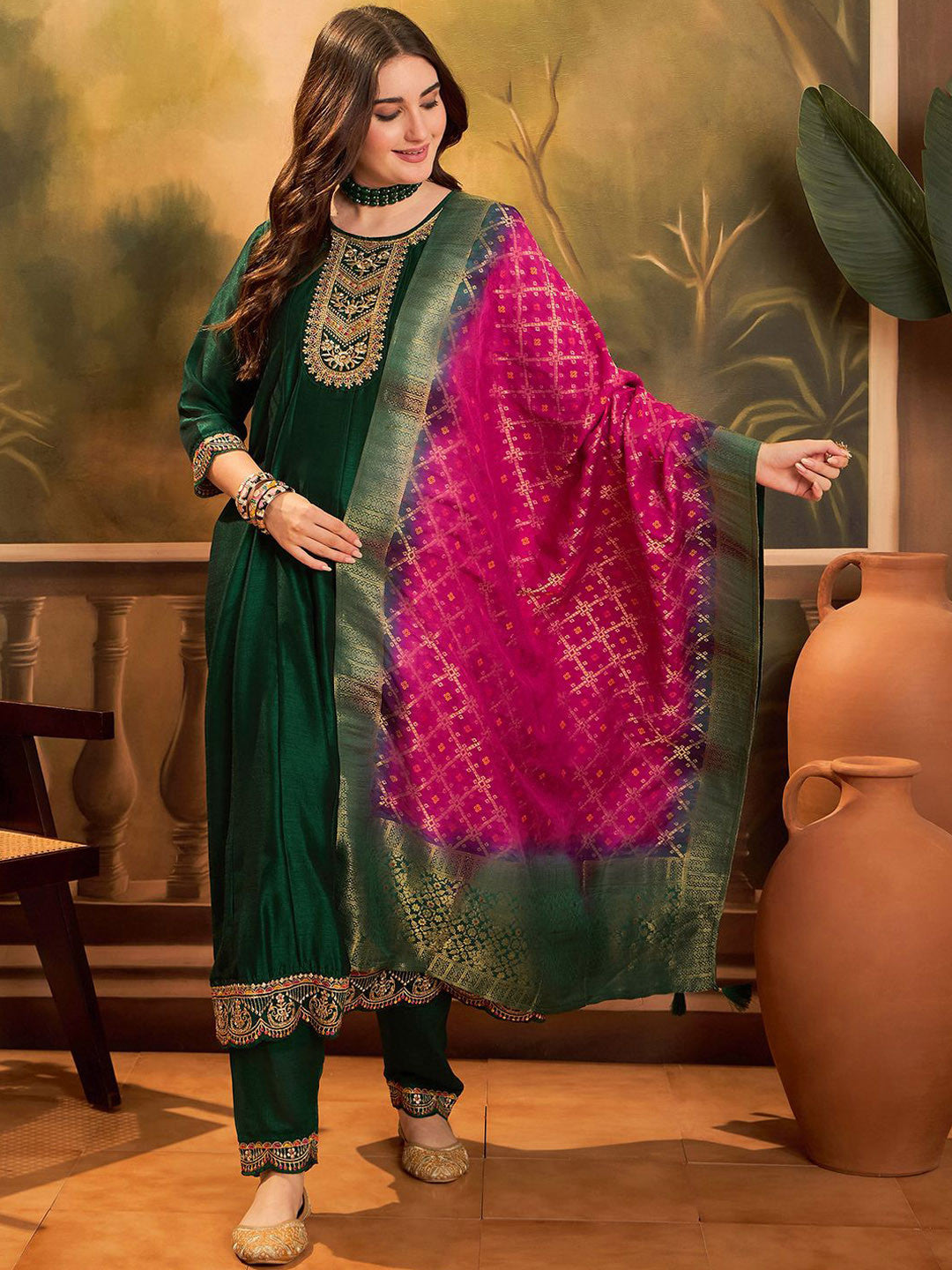 Dhiyona SN Zari & Sequin Embroidered A-Line Kurta & Trousers With Dupatta
