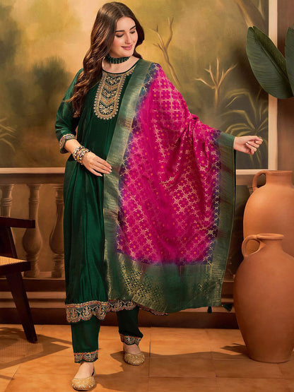 Zari & Sequin Embroidered A-Line Kurta & Trousers With Dupatta