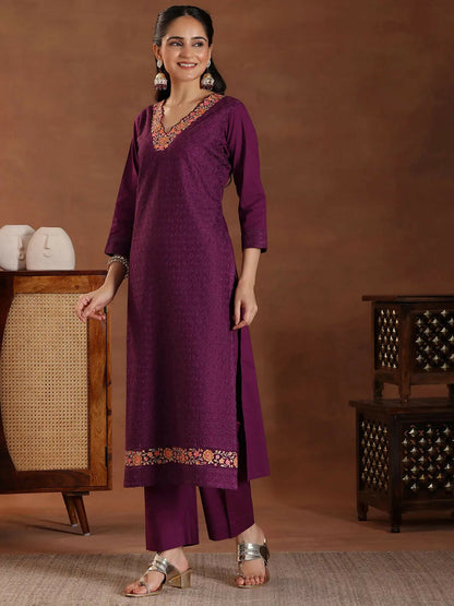 Women's LB Wine Embroidered Cotton Straight Suit With Dupatta