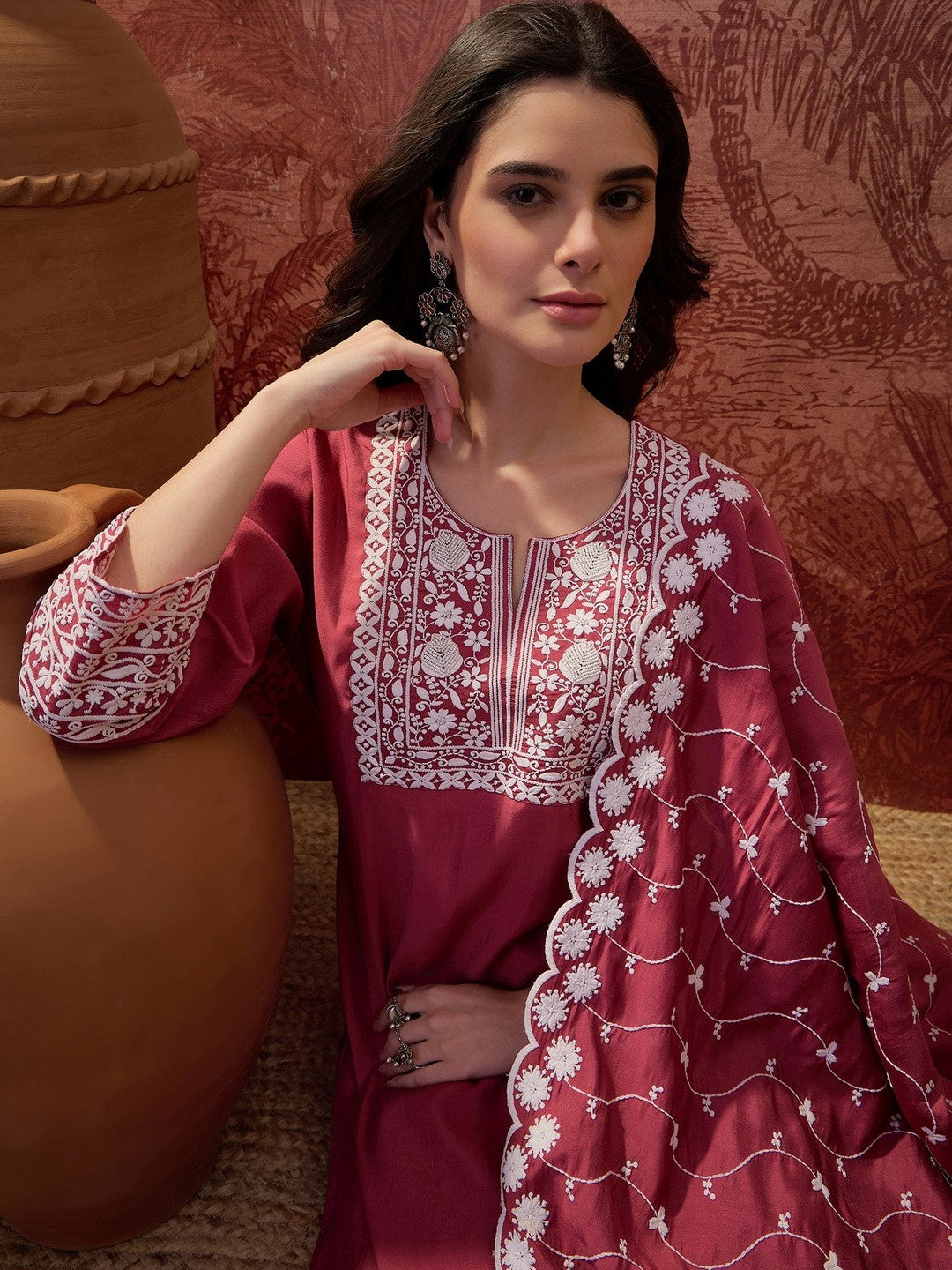 Embroidered V-Neck Kurta Trousers & Dupatta