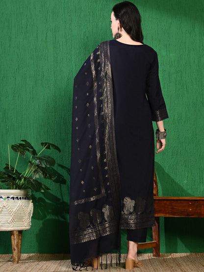 Paisley Woven Design Winter Pashmina Zari Kurta With Trousers & Dupatta