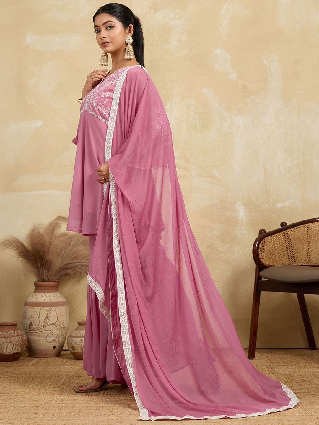 Dhiyona HOP Women Floral Embroidered A-Line Kurta with Sharara & Dupatta