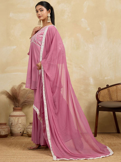 Dhiyona HOP Women Floral Embroidered A-Line Kurta with Sharara & Dupatta