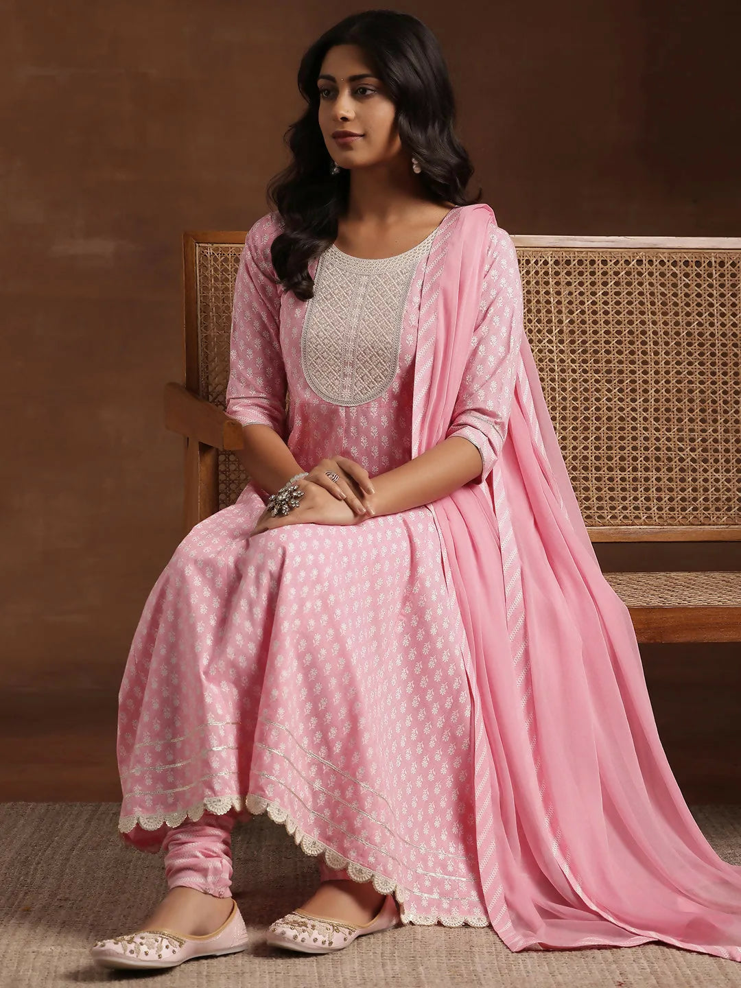 Women's LB Pink Printed Cotton A-Line Kurta With Churidar & Dupatta