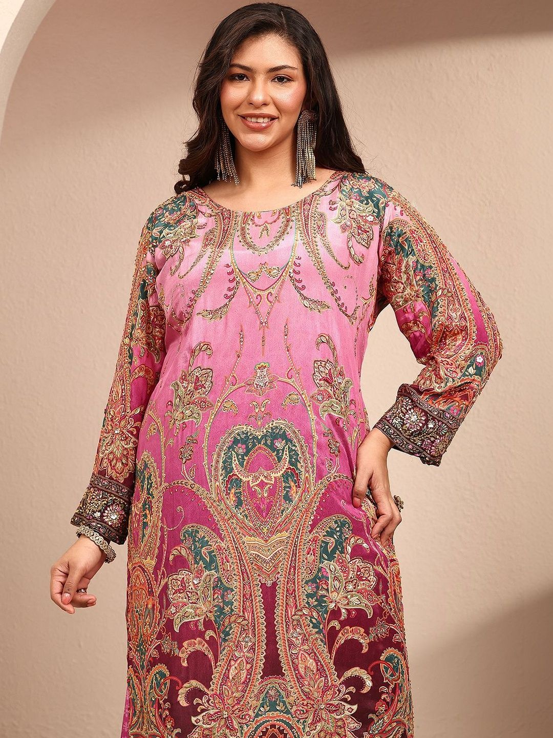 Dhiyona Women's Ethnic Motifs Printed Regular Thread Work Silk Crepe Kurta with Palazzos & With
