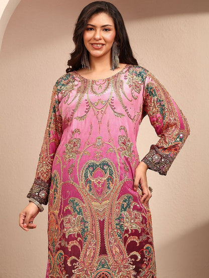 Dhiyona Women's Ethnic Motifs Printed Regular Thread Work Silk Crepe Kurta with Palazzos & With