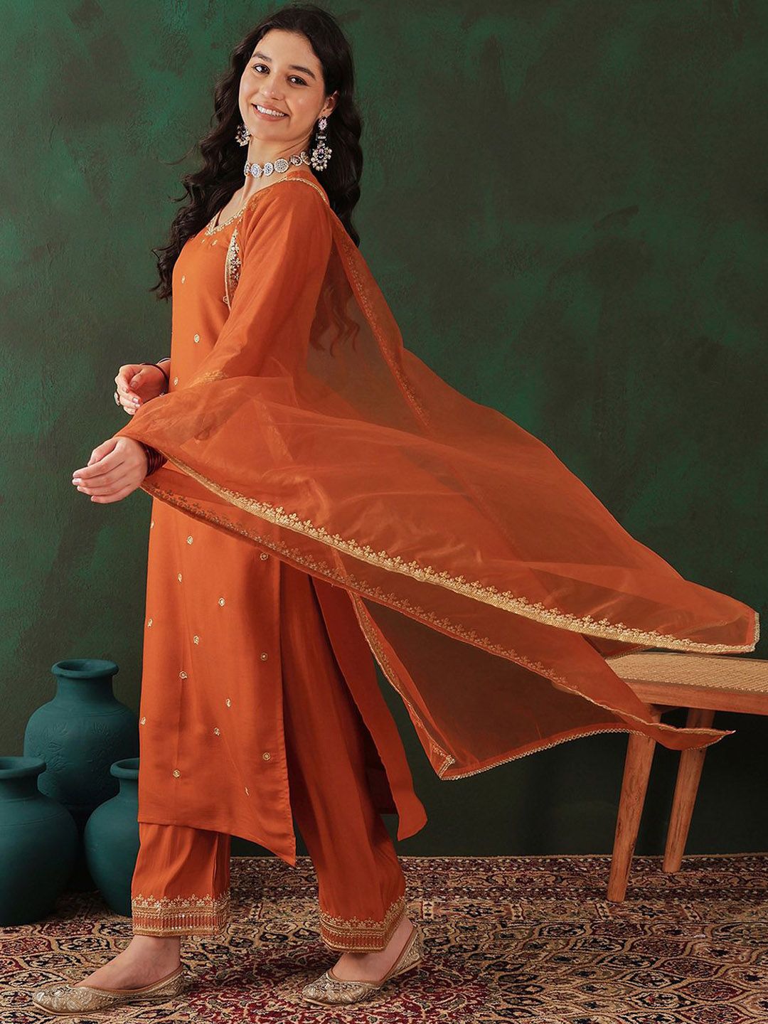 Dhiyona SN Women's Floral Embroidered Zari Straight Kurta & Trouser With Dupatta