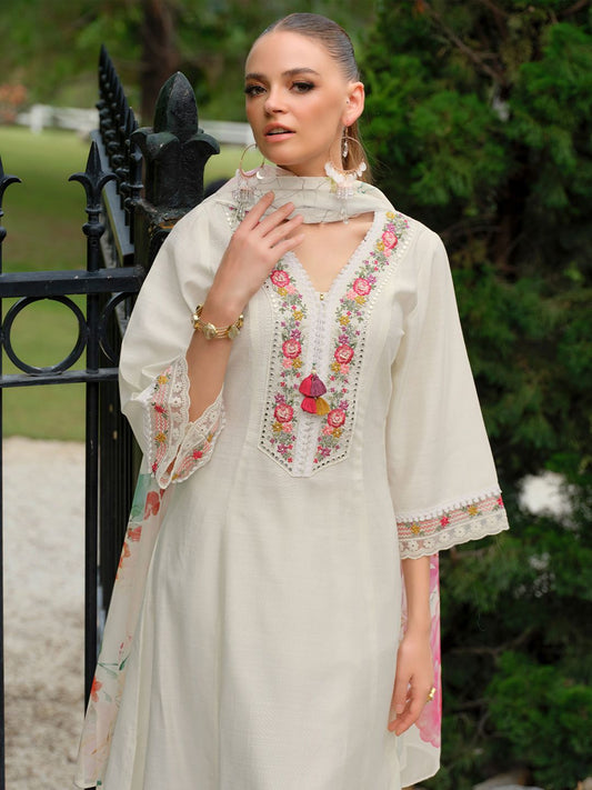 Floral Embroidered Thread Work V-Neck A-Line Kurta With Trousers & Dupatta
