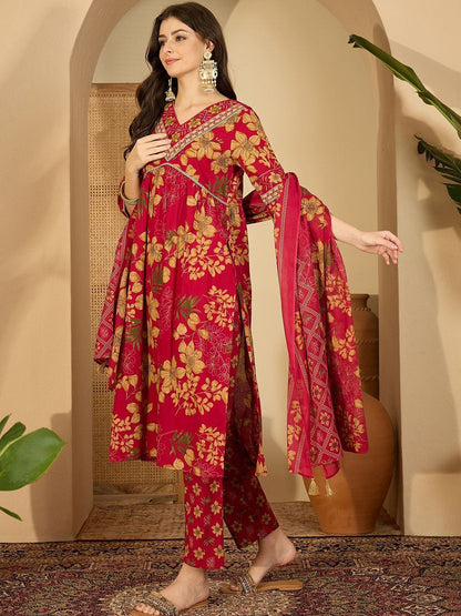 Women Printed Angrakha Thread Work Pure Cotton Kurta with Trousers & Dupatta