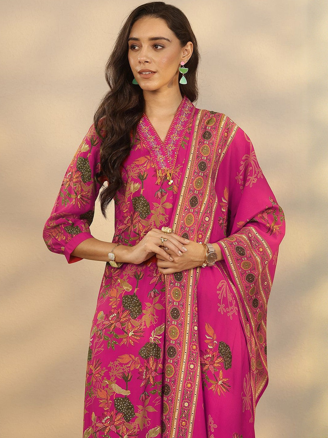 Floral Printed V-Neck Straight Kurta With Trousers & Dupatta