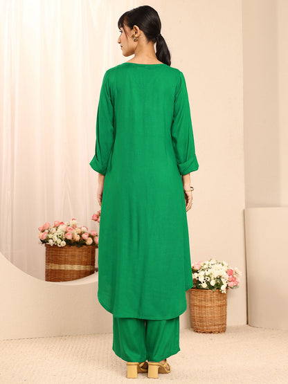 Green Solid Solid Rayon A-Line Kurta Set