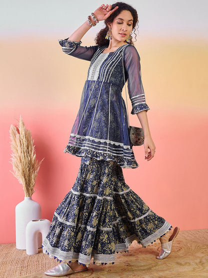 Printed Gotta Patti Square Neck Pure Cotton Anarkali Kurti With Sharara