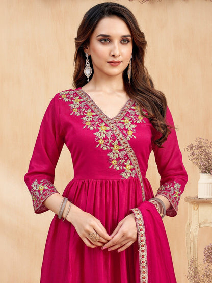 Embroidered V-Neck Kurta Trousers & Dupatta