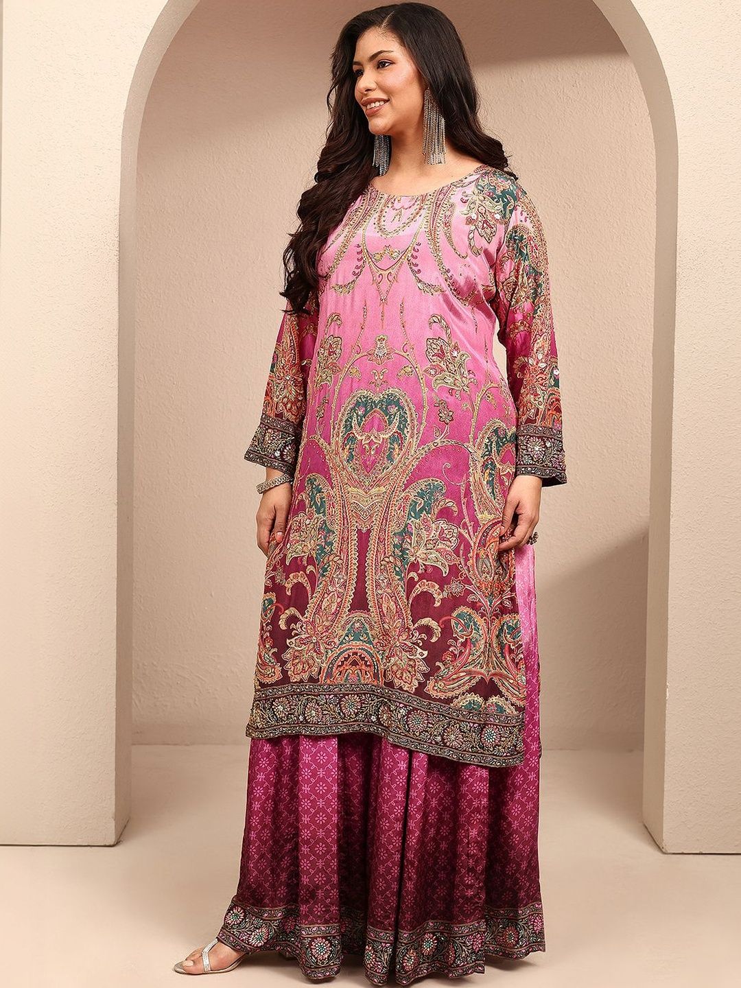 Dhiyona Women's Ethnic Motifs Printed Regular Thread Work Silk Crepe Kurta with Palazzos & With