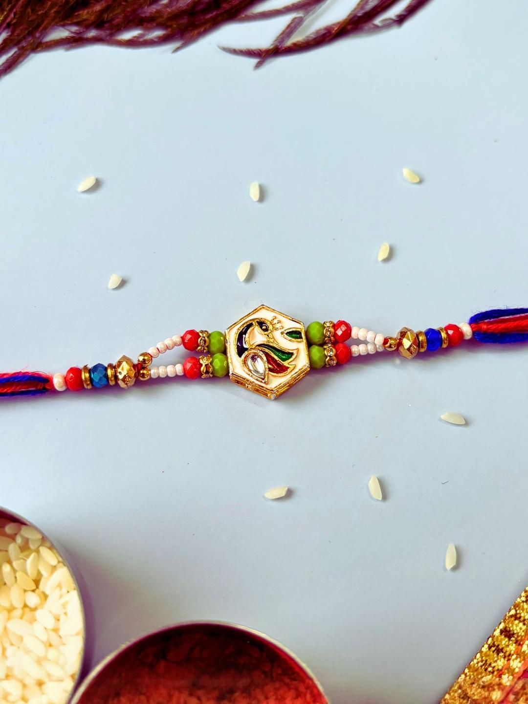 Dhiyona 3 pcs Meenakari Kundan Traditional Handmade Rakhi for Brother