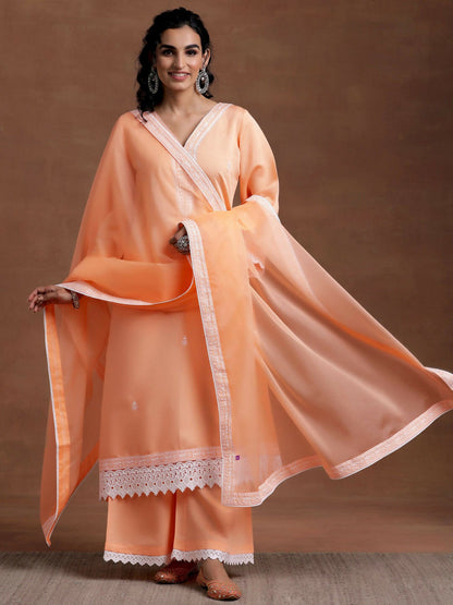 Women's LB Peach Embroidered Silk Blend A-Line Kurta With Palazzos & Dupatta