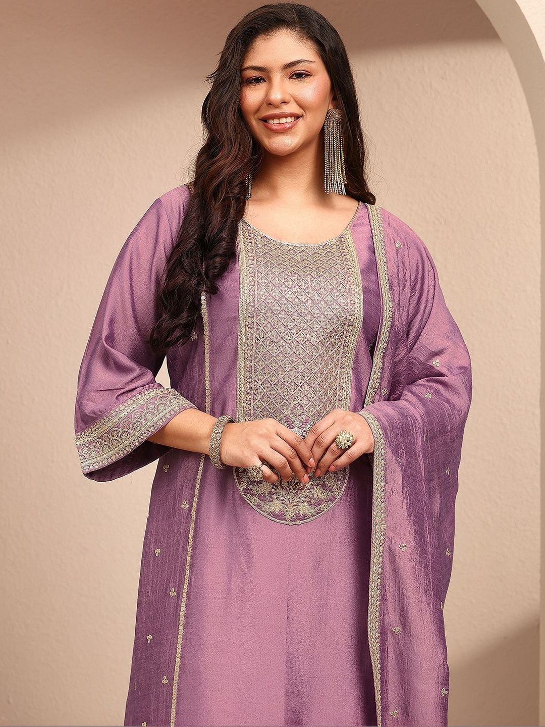 Dhiyona Women's Ethnic Motifs Embroidered Regular Thread Work Kurta with Palazzos & With Dupatta