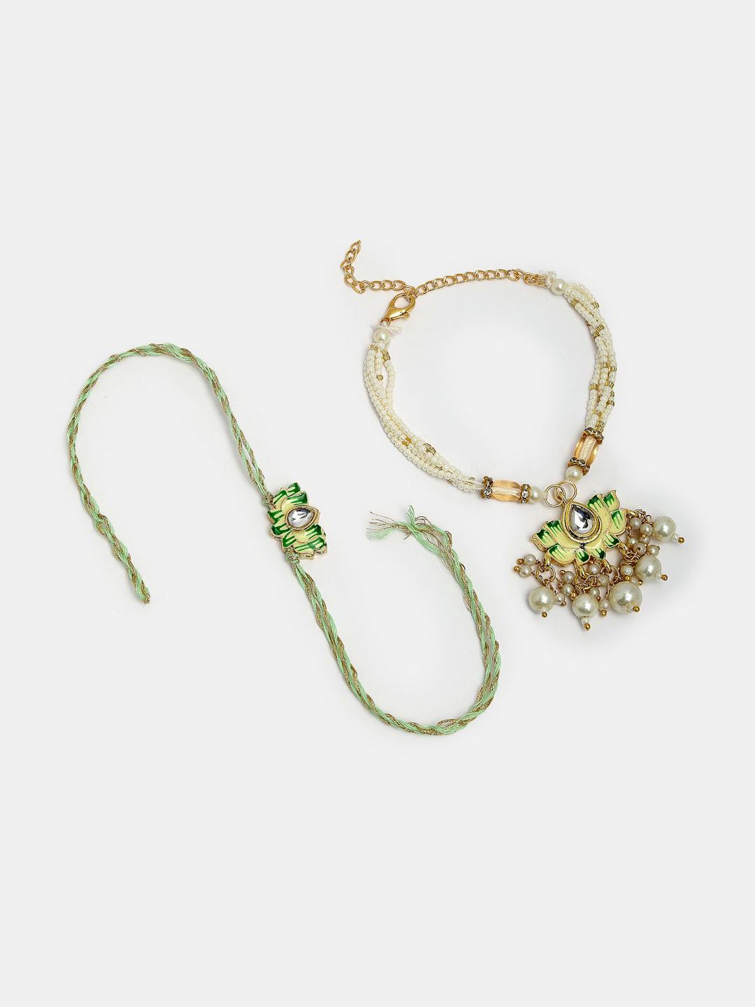 Dhiyona Kundan Studded And Beaded Lotus Shape Bhaiya Bhabhi Rakhis With Roli Chawal