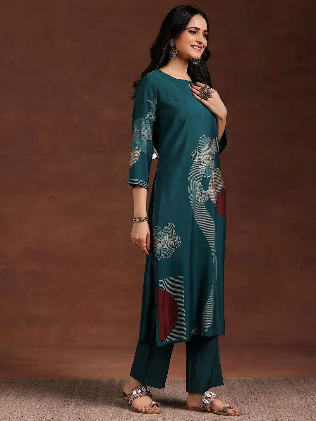 Women's LB Teal Printed Silk Blend Straight Suit With Dupatta