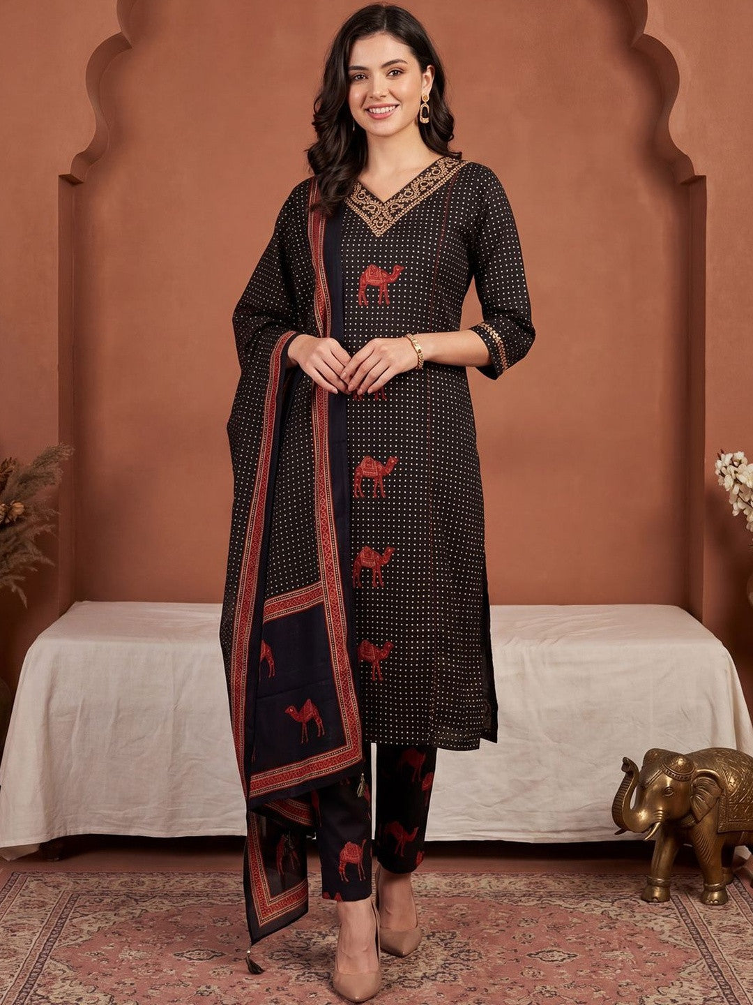 Women Ethnic Motifs Printed Regular Thread Work Pure Cotton Kurta with Trousers & With Dupatta