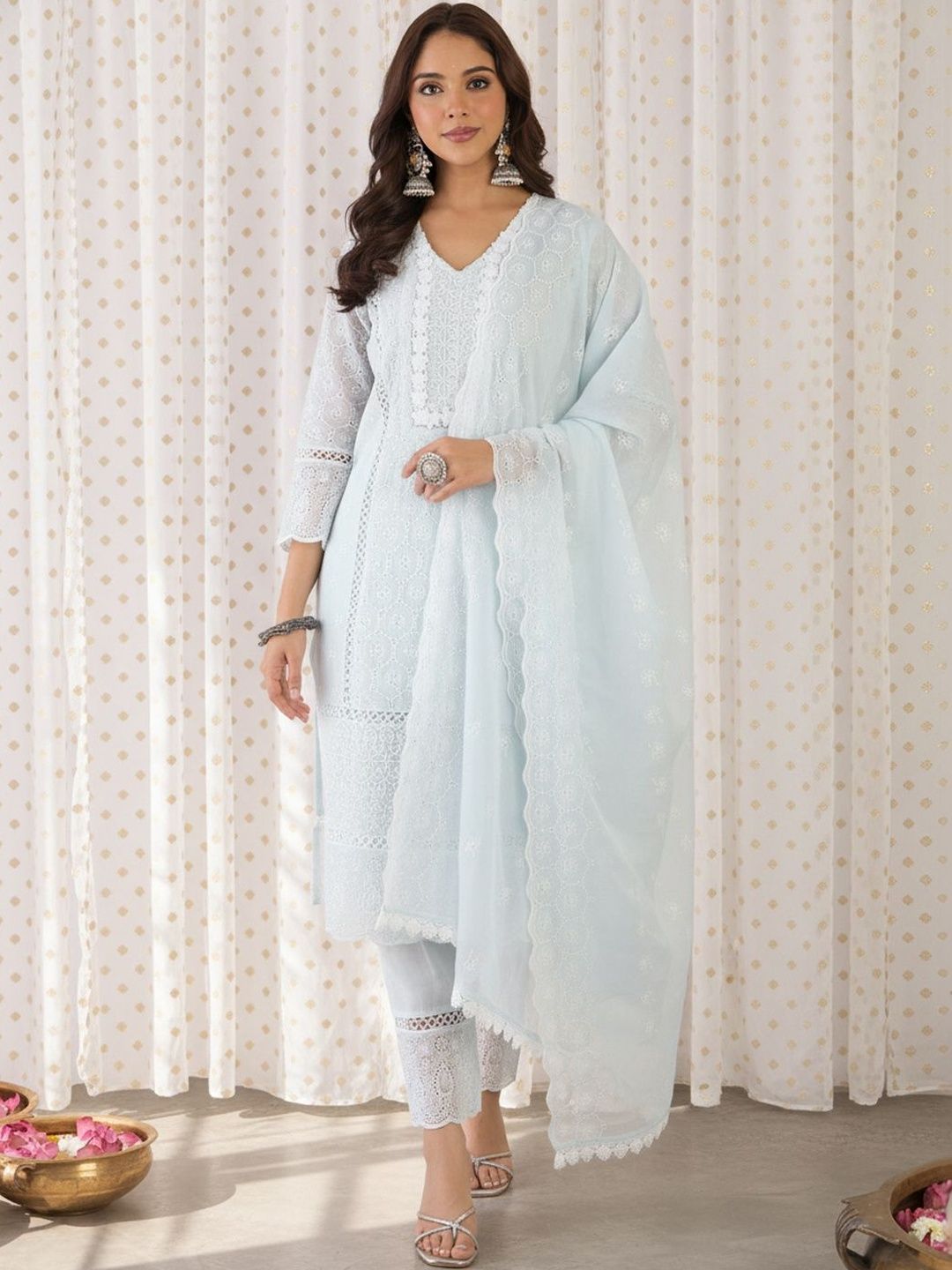 Dhiyona IE Women Ethnic Motifs Embroidered Regular Chikankari Pure Cotton Kurta with Trousers & With Dupatta