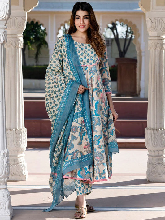 Dhiyona KL Women Floral Printed Regular Pure Cotton Kurta with Trousers & With Dupatta