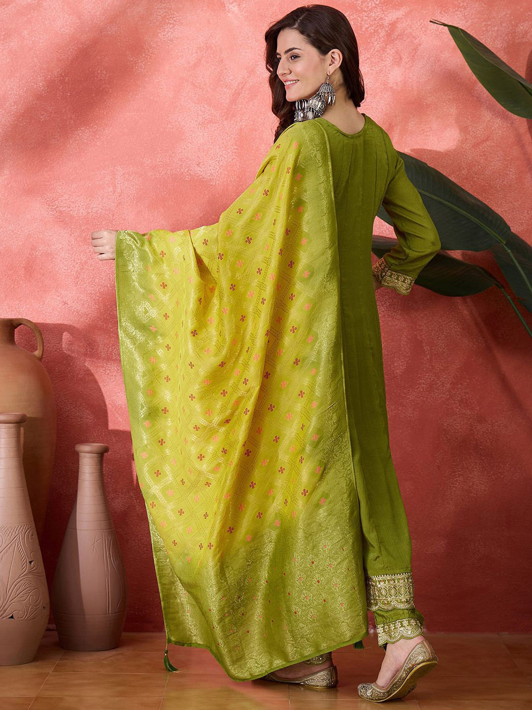 Floral Embroidered Round Neck Sequinned A-Line Kurta With Trousers & Dupatta
