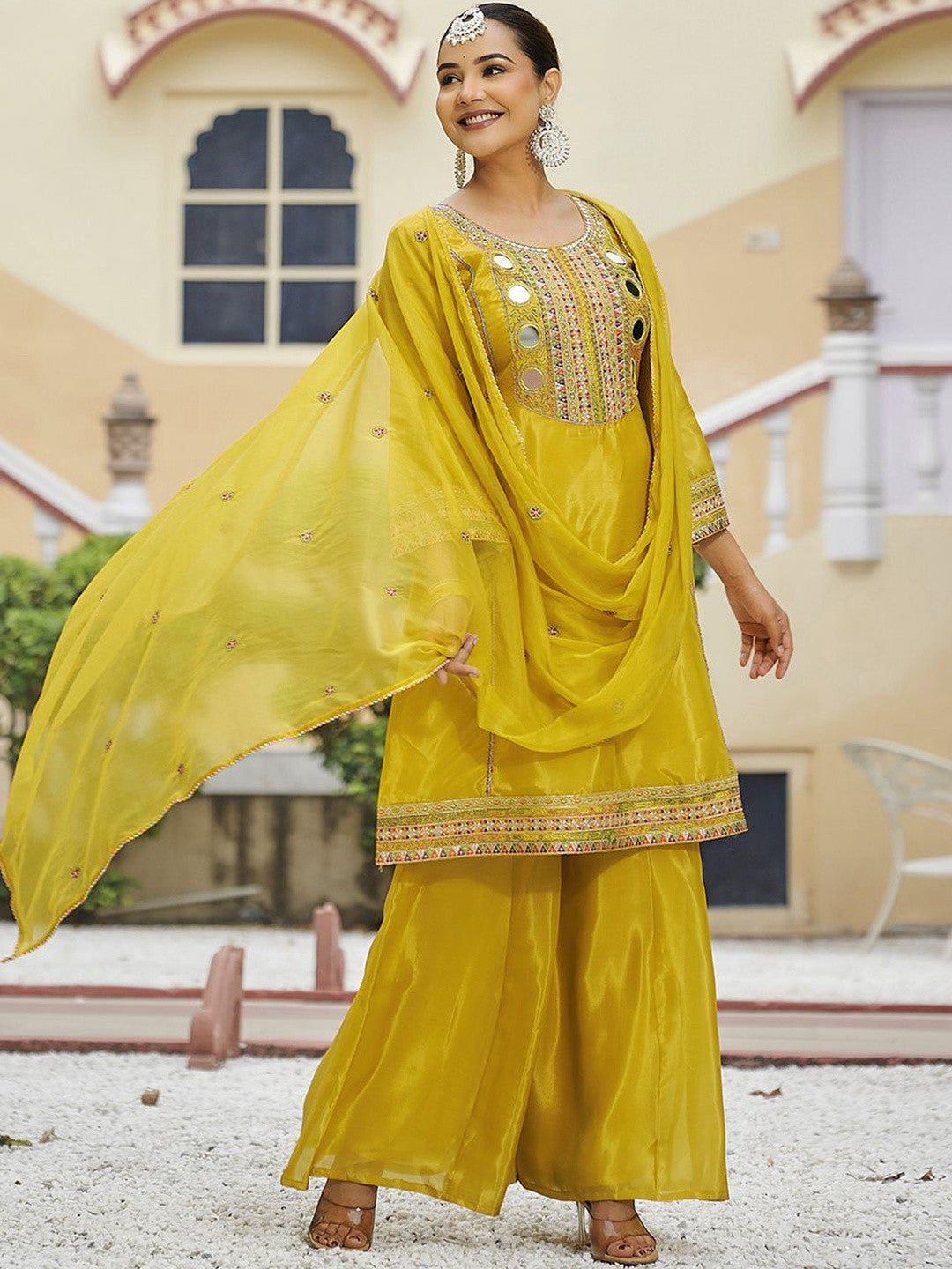 Embroidered Round Neck Kurta & Palazzos With Dupatta