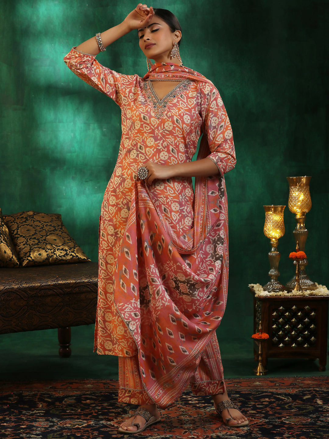 Women's LB Peach Printed Silk Blend Straight Suit With Dupatta