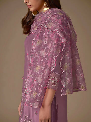 Women's Lavender Embroidered Straight Kurta Trousers With Dupatta Set