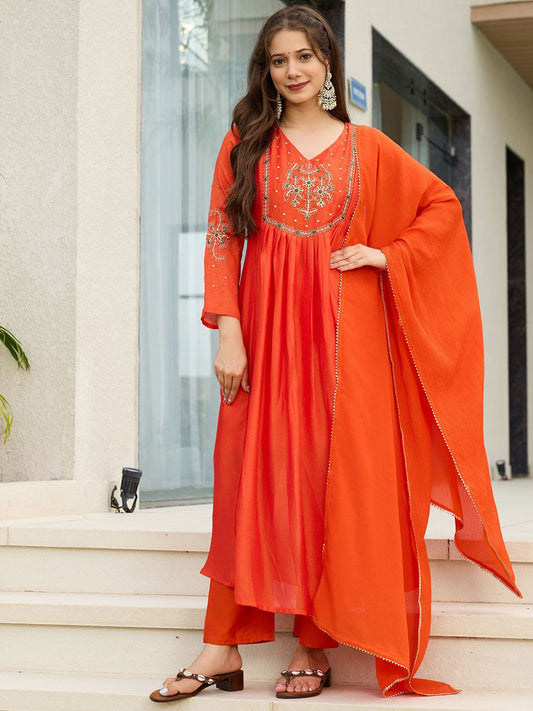 Dhiyona KL Women Woven Design Embroidered A-Line Kurta with Trousers & Dupatta