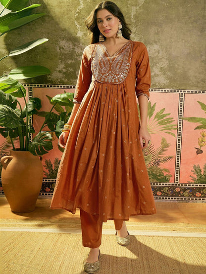 Embroidered V-Neck Kurta & Trousers with Dupatta