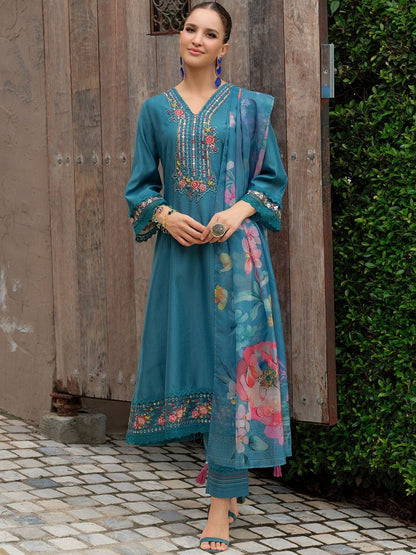 Floral Embroidered Thread Work Straight Kurta With Trousers & Dupatta